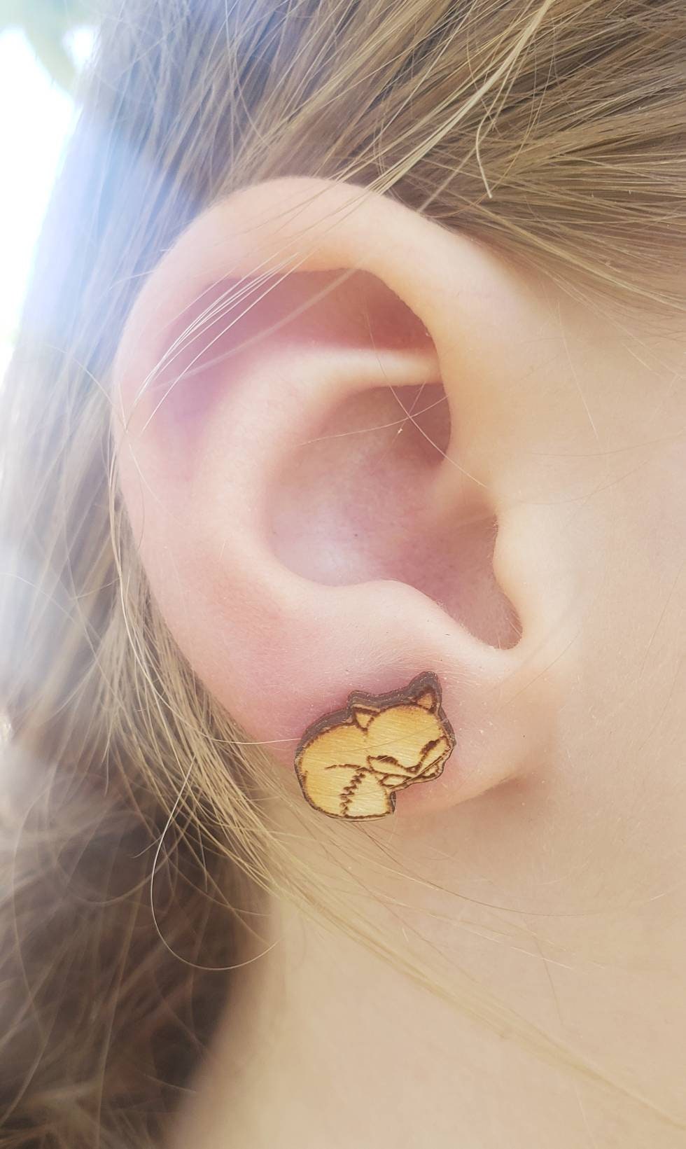 Sleepy Fox Earrings Wooden Stud Natural Hypoallergenic Nickle Free Light Weight Wood Studs