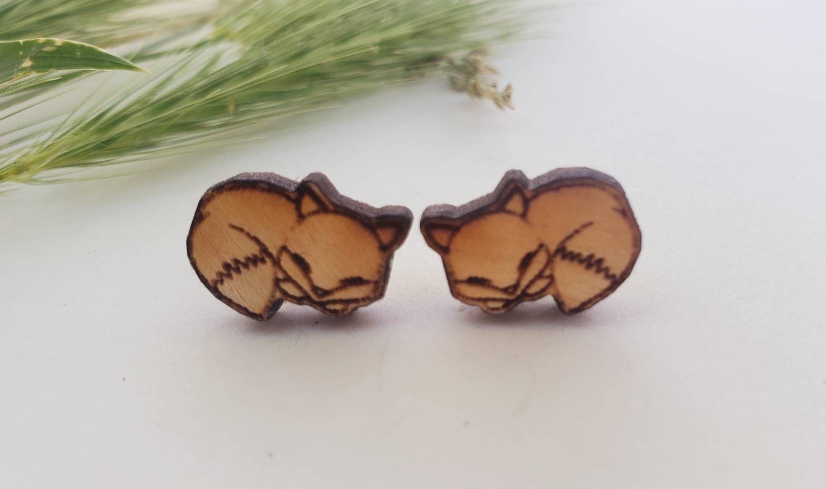 Sleepy Fox Earrings Wooden Stud Natural Hypoallergenic Nickle Free Light Weight Wood Studs