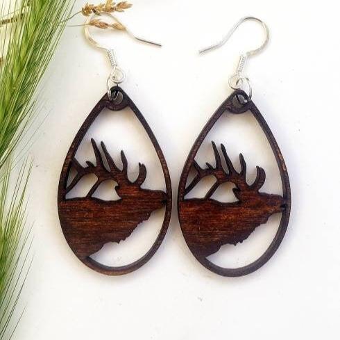 Elk wood natural engraved country rustic dangle earrings