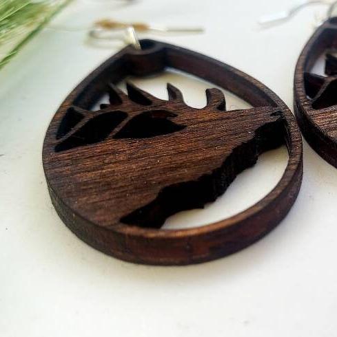 Elk wood natural engraved country rustic dangle earrings