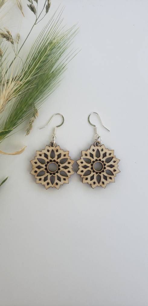 Wood engraved natural rustic dangle hypoallergenic light weight earrings