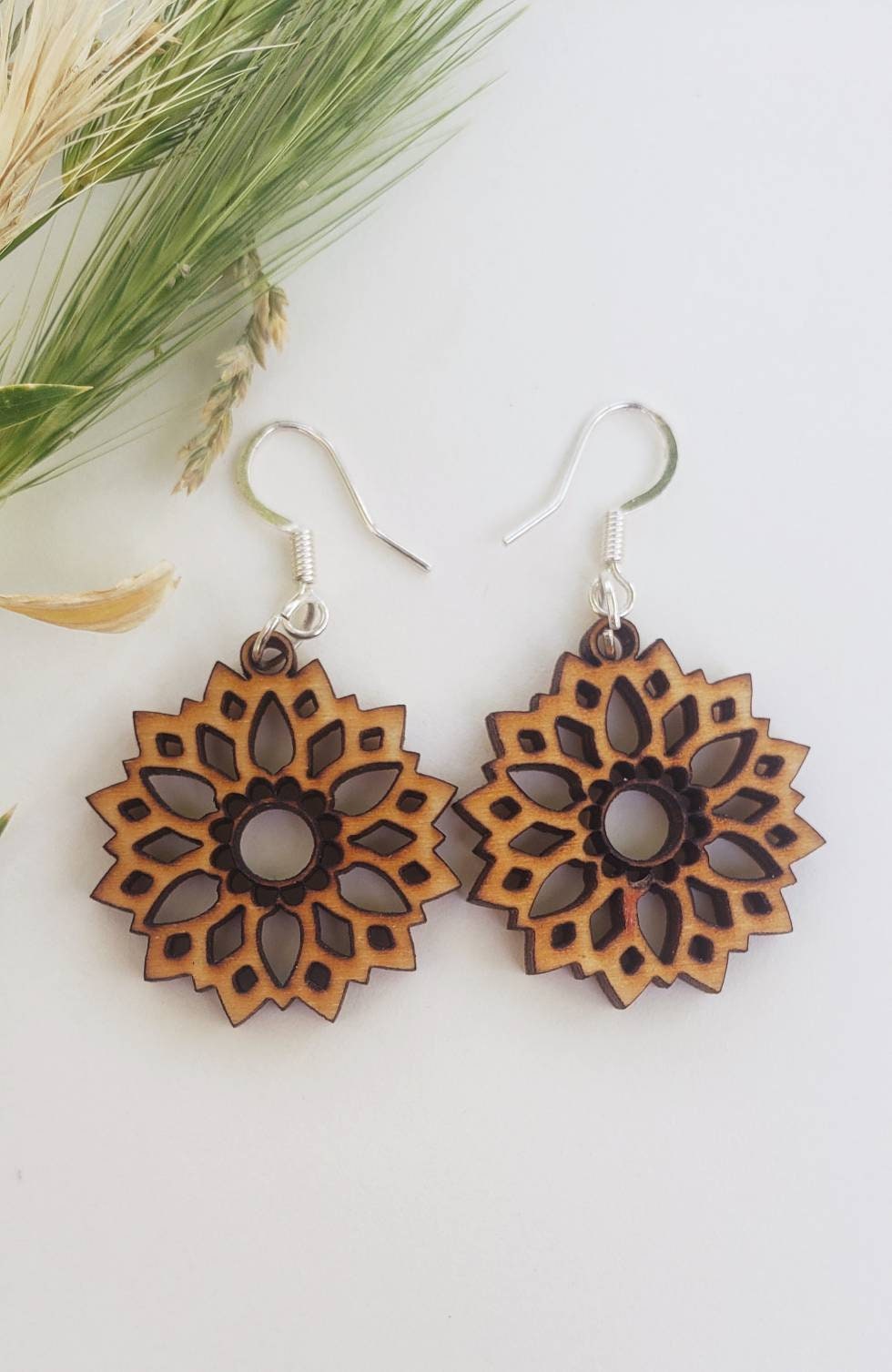 Wood engraved natural rustic dangle hypoallergenic light weight earrings