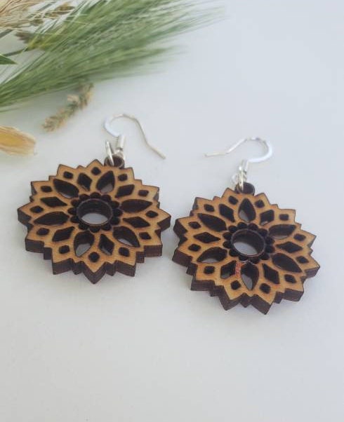 Wood engraved natural rustic dangle hypoallergenic light weight earrings