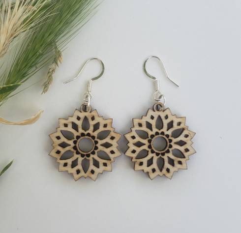 Wood engraved natural rustic dangle hypoallergenic light weight earrings