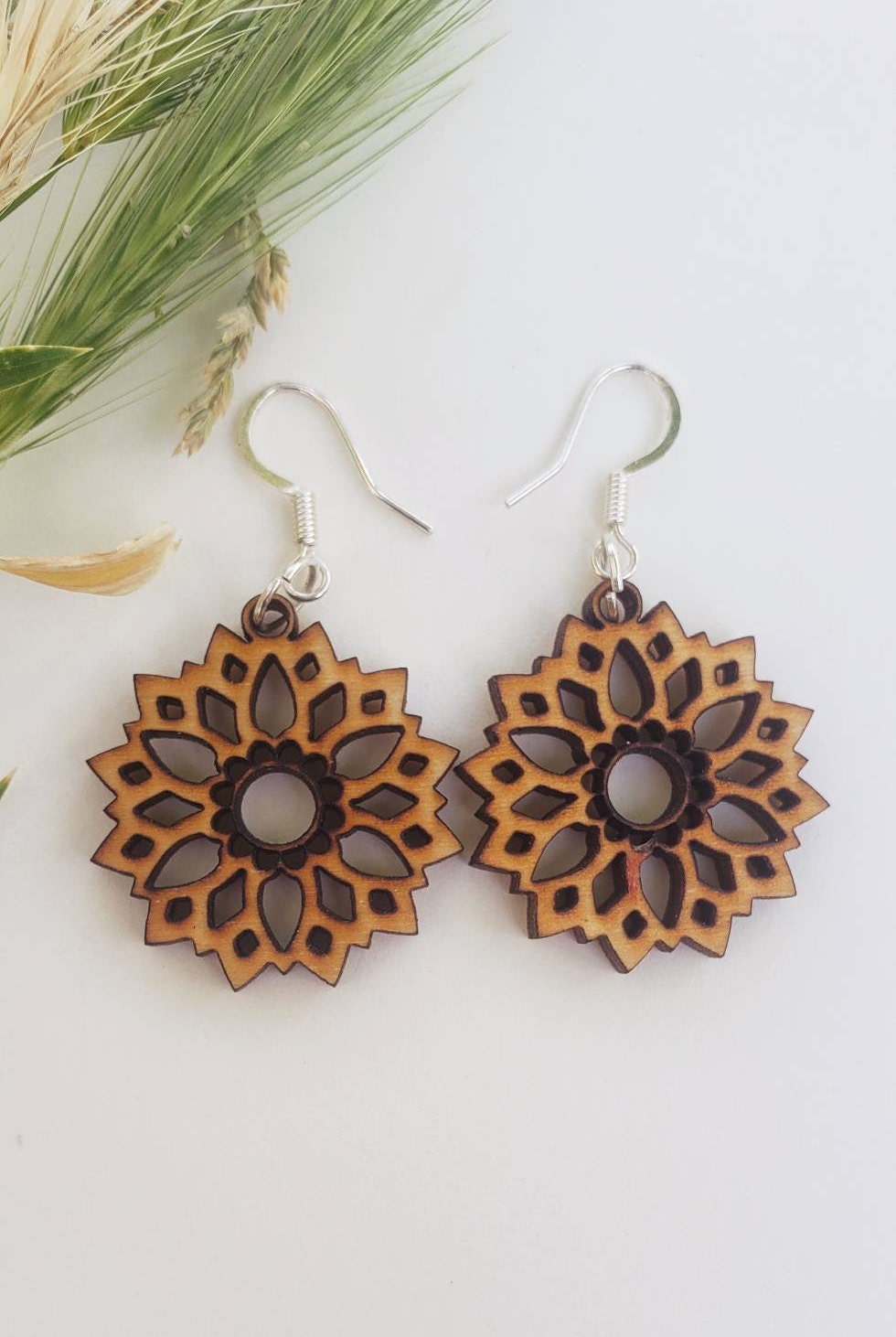 Wood engraved natural rustic dangle hypoallergenic light weight earrings