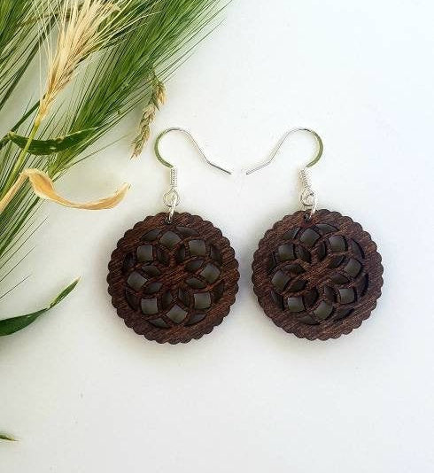 Wood engraved natural rustic dangle hypoallergenic light weight earrings