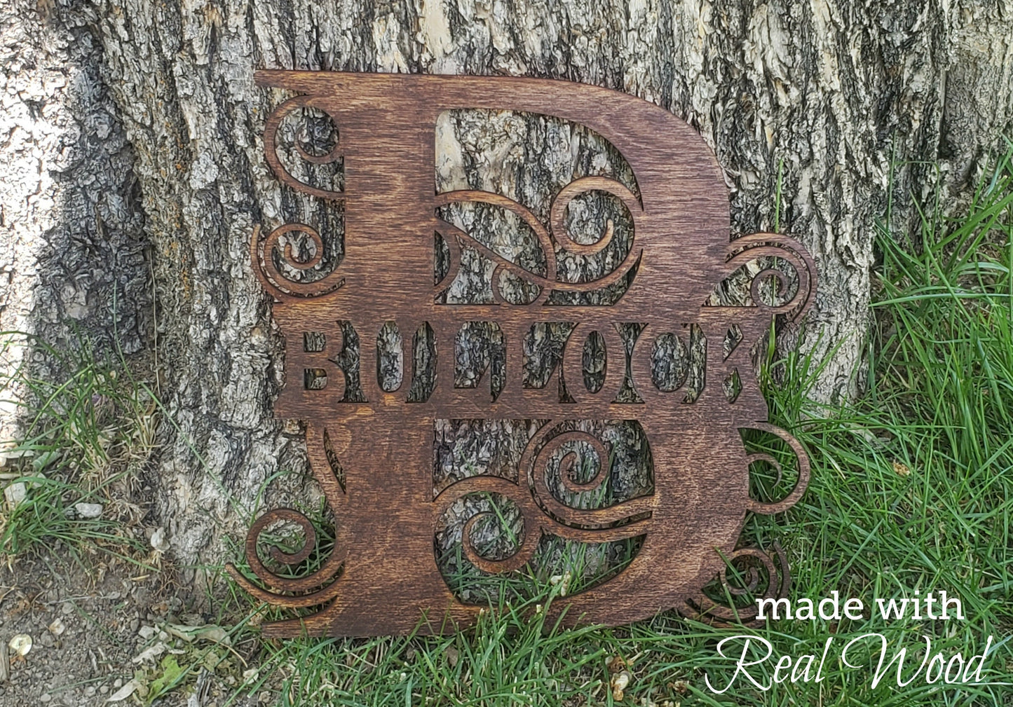 Wood Engraved Monogram Sign Personalized Gift Black White Stained Country Family Home