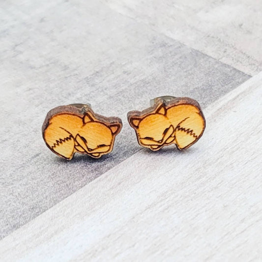 Sleepy Fox Earrings Wooden Stud Natural Hypoallergenic Nickle Free Light Weight Wood Studs