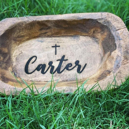 Prayer Bowl Cross Wooden Hand Carved Small Dough Bowl Engraved Personalized Engraved Gift