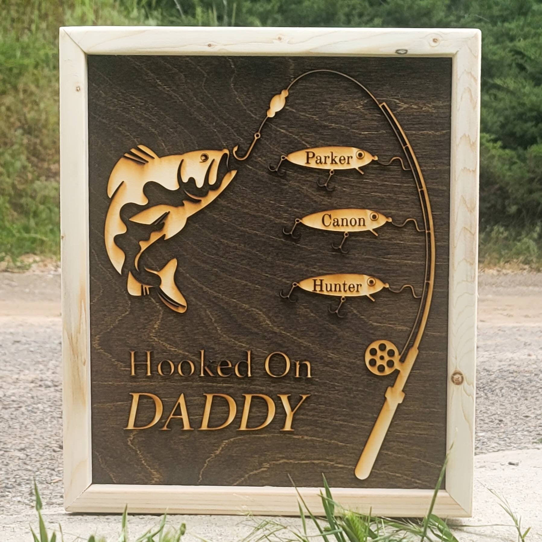 Hooked on Dad Daddy Grandpa Papa Dad Framed Father's Day Birthday Sign Personalized Customized Fishing Gift For Him 1-5 Lures up to 10 Names