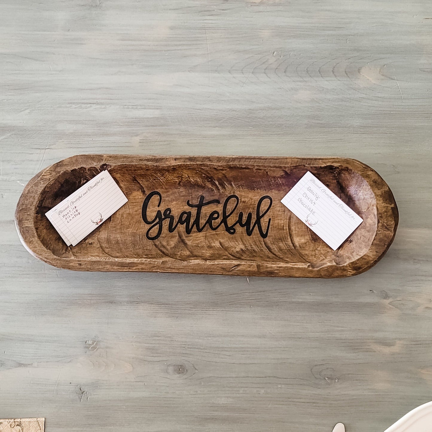 Wooden Hand Carved Dough Bowl Thanksgiving Tradition With Blessing Gratitude Cards Thankful Family Table Display