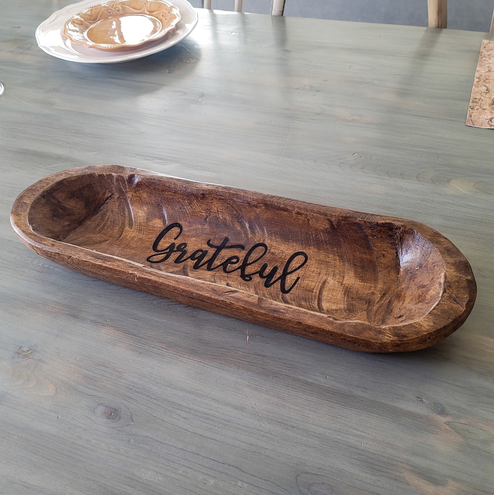 Wooden Hand Carved Dough Bowl Thanksgiving Tradition With Blessing Gratitude Cards Thankful Family Table Display