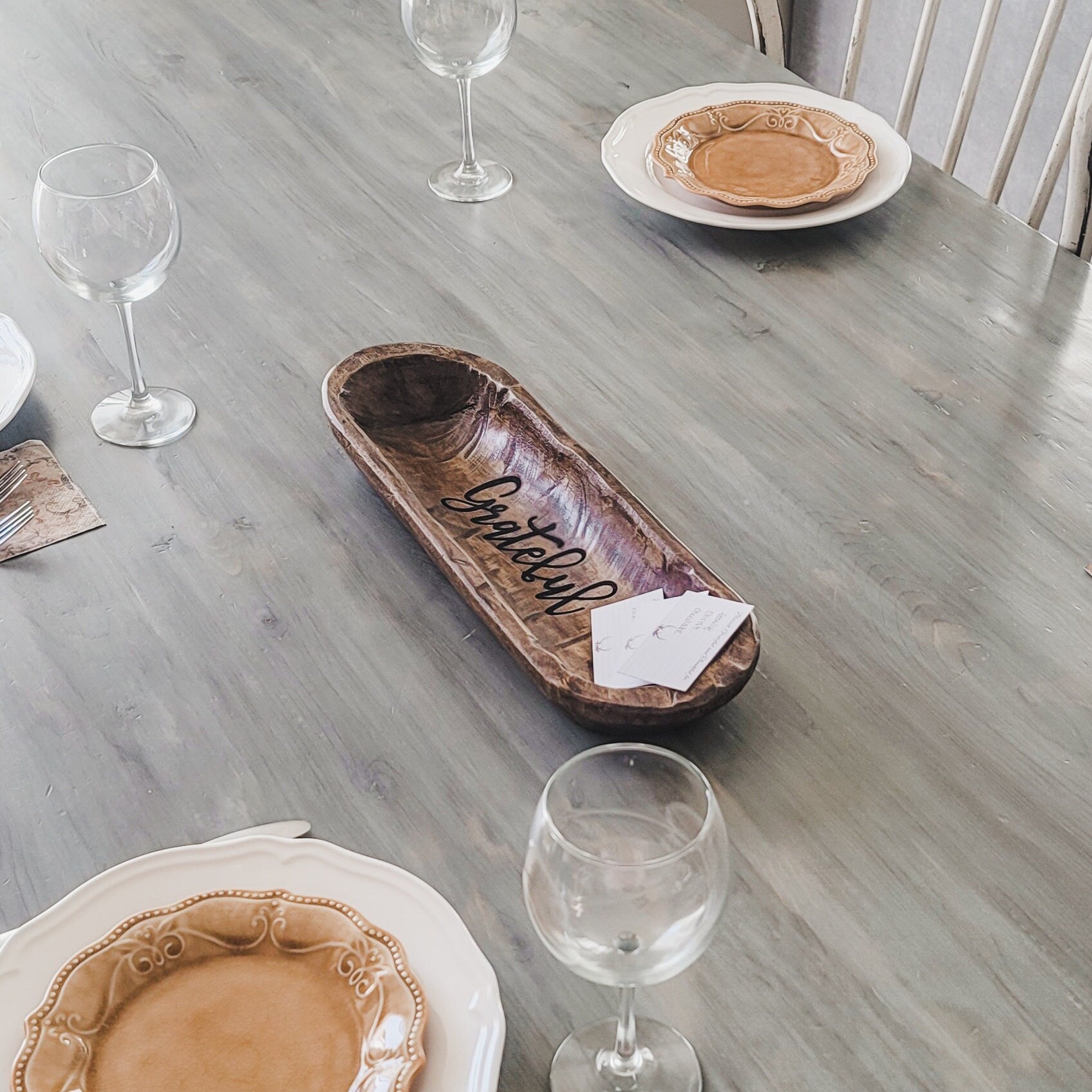 Wooden Hand Carved Dough Bowl Thanksgiving Tradition With Blessing Gratitude Cards Thankful Family Table Display