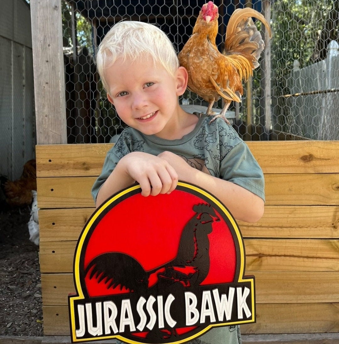 Chicken Coop Sign Jurassic Bawk T-Rex Dinosaur Outdoor Wood Chicken Coop Decor Farmhouse Backyard Chicken Coop Sign Made in the USA