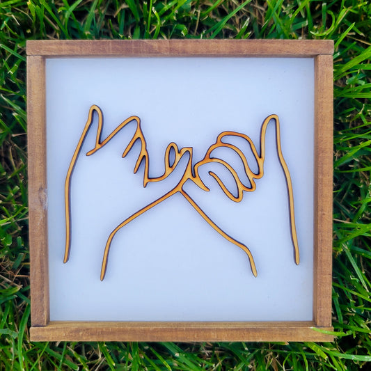 I promise you gift, gift for a best friend, best friends forever gift, pinky promise, love you forever, wooden sign with wooden hands creating a pinky promise.