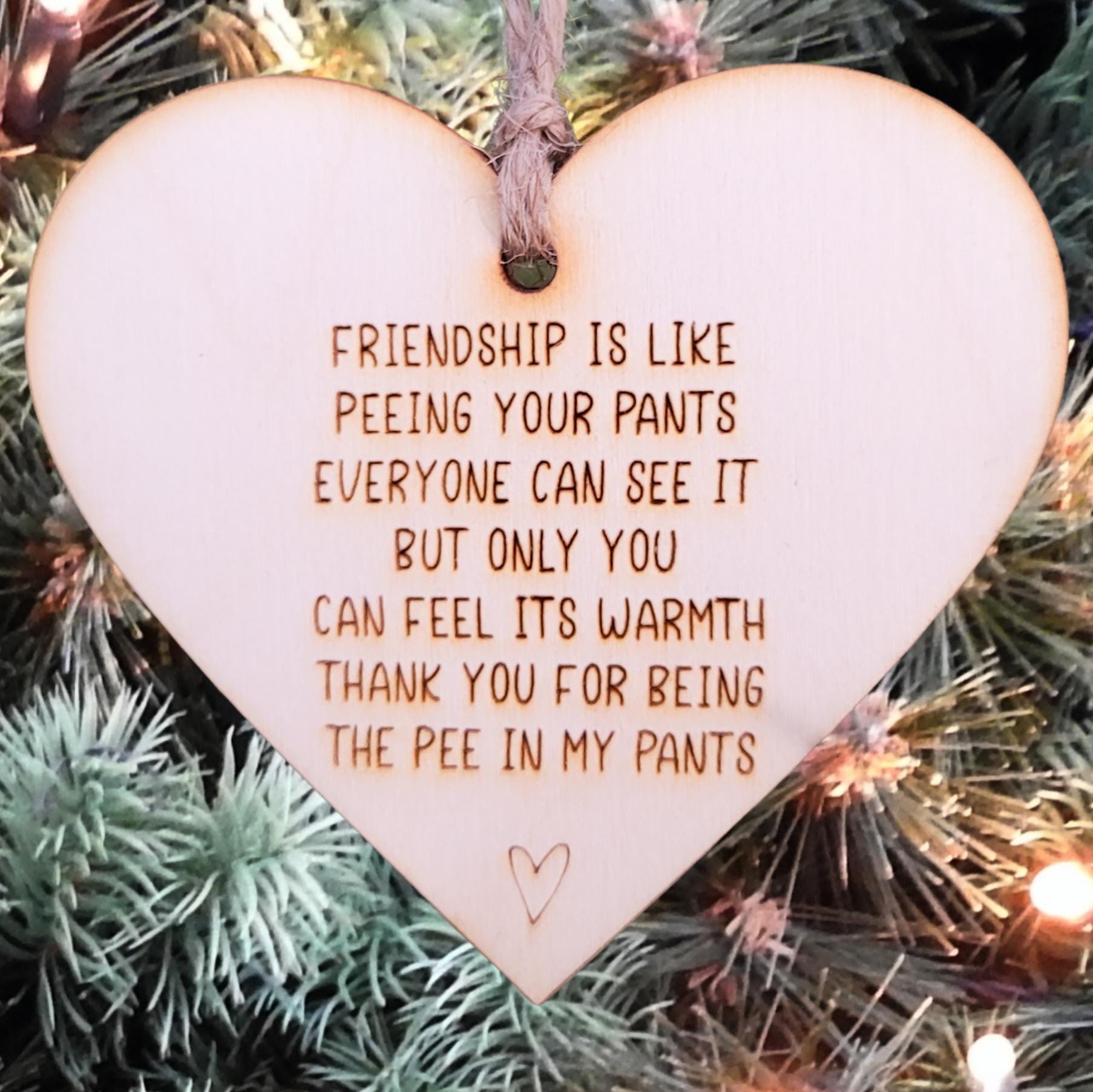 Simple rustic heart ornaments that reads: Friendship is like peeing your pants Everyone can see it but only you can feel its warmth Thank you for being the pee in my pants