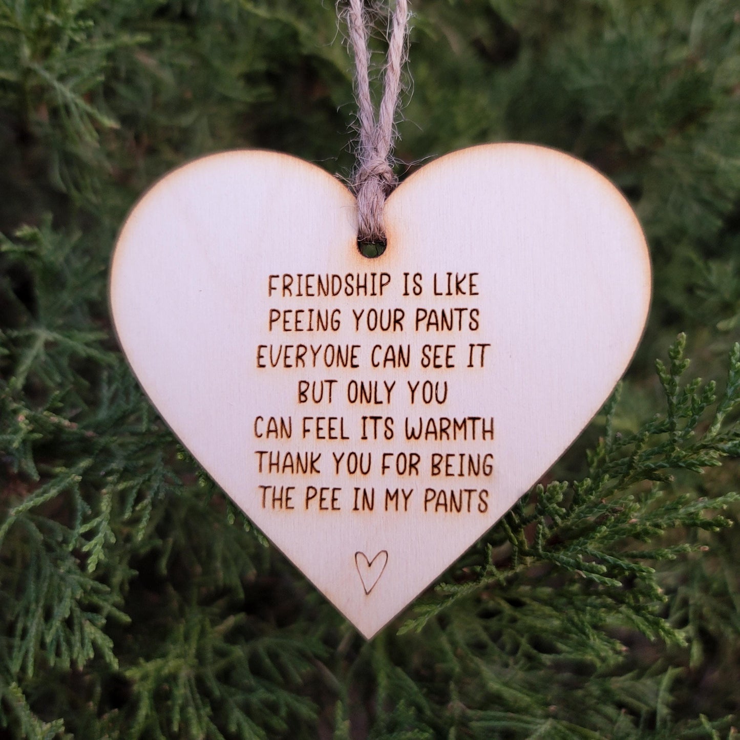 Simple rustic heart ornaments that reads: Friendship is like peeing your pants Everyone can see it but only you can feel its warmth Thank you for being the pee in my pants