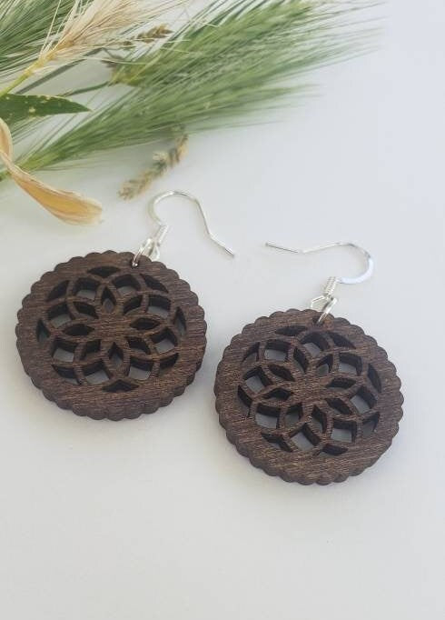 Wood engraved natural rustic dangle hypoallergenic light weight earrings
