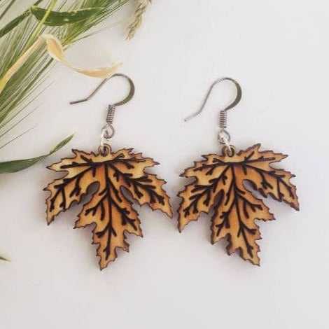 Wood Maple Leaf Earrings