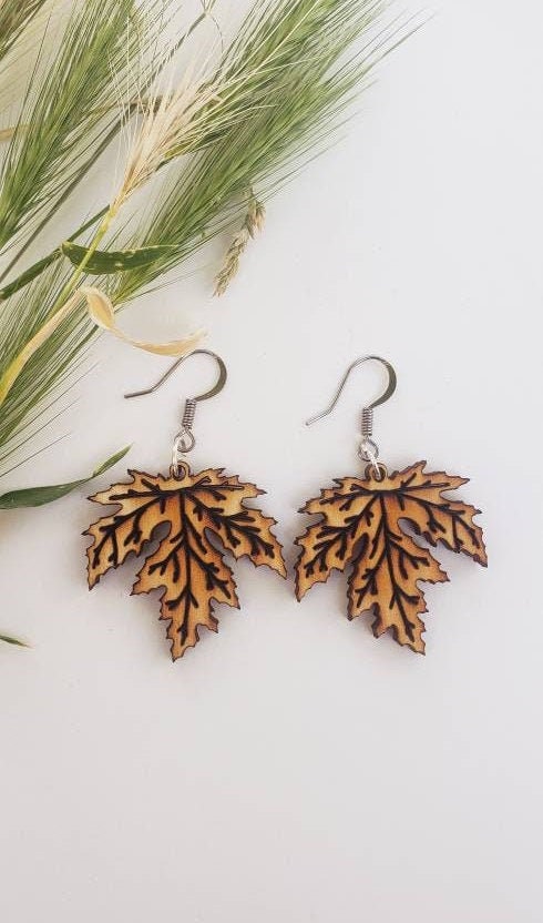 Wood Maple Leaf Engraved Natural Rustic Dangle Hypoallergenic Light weight Earrings
