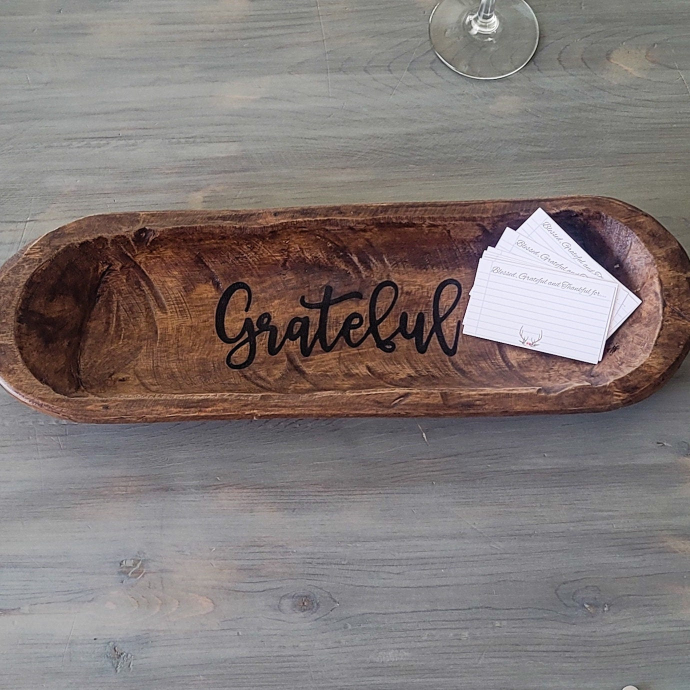 Wooden Hand Carved Dough Bowl Thanksgiving Tradition With Blessing Gratitude Cards Thankful Family Table Display